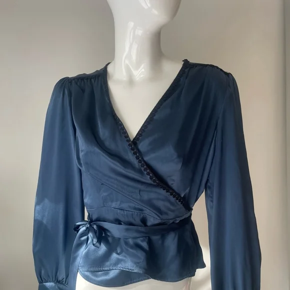 SANDRA ANGELOZZI Silk Wrap Blouse — Navy Silk Satin Wrap Top Large 42 - Picture 2 of 9